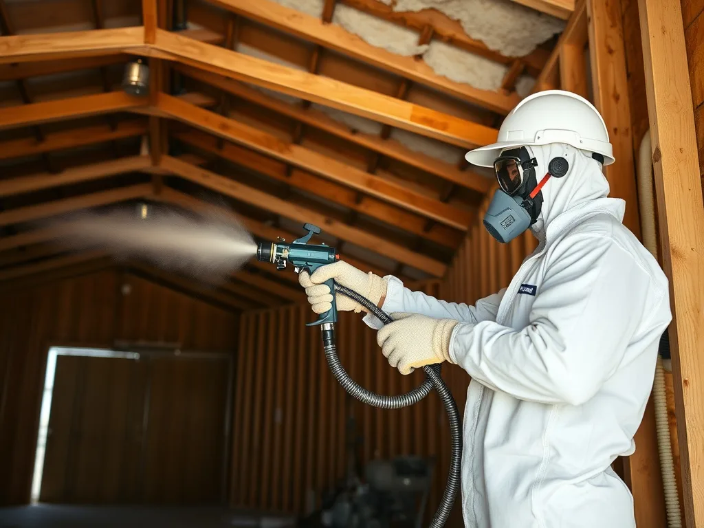 Contractor applying spray foam insulation to a building wall assembly