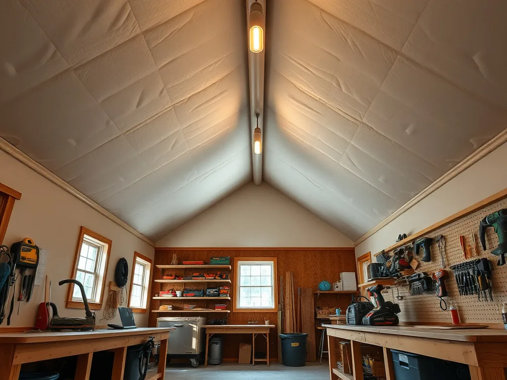 Finished workshop interior with spray foam insulated walls and ceiling